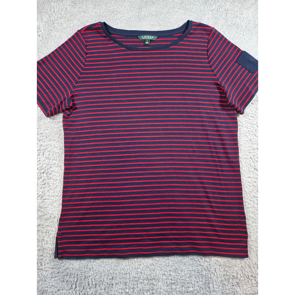 Lauren Ralph Lauren Top 1X Navy Red Striped Women Short Sleeve Boat Neck Pocket